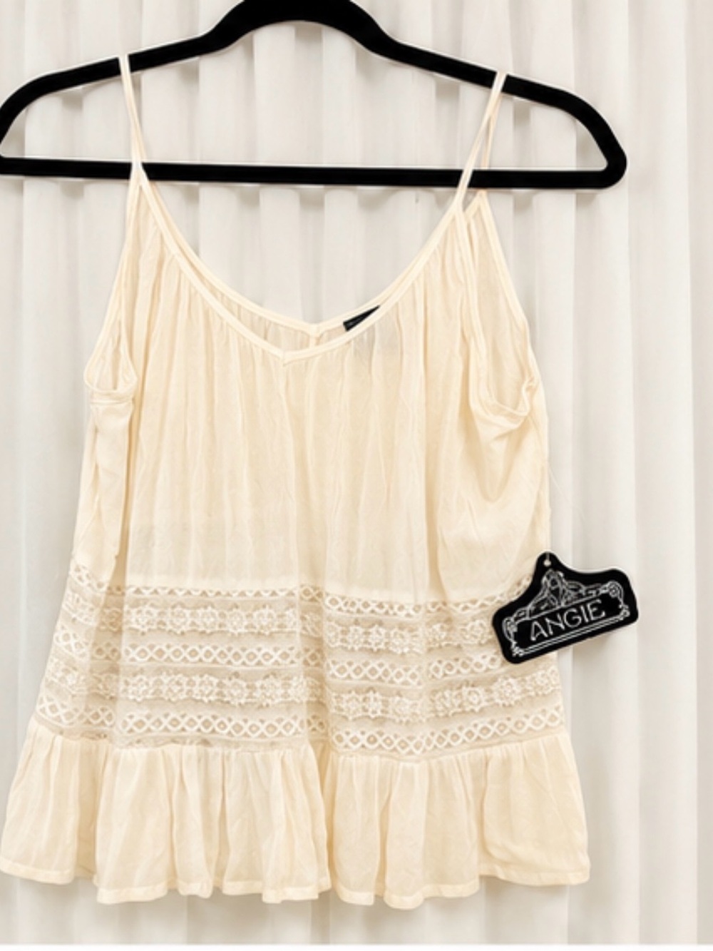 Angie Cream Lace-Trim Ruffle Hem Spaghetti Strap Camisole
